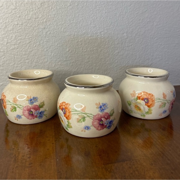Vintage Bakerite 3.5" Earthenware Dishes w/ Flowers and Silver Trim Set of 3 - Picture 1 of 8